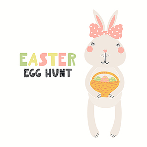 Hand drawn vector illustration with cute funny bunny, basket with eggs, text Easter Egg Hunt. Isolated on white . Scandinavian style flat design. Concept for children , card, invite.