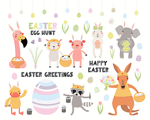 Big Easter set with cute animals, eggs, flowers, quotes. Isolated objects on white . Hand drawn vector illustration. Scandinavian style flat design. Concept kids holiday print, card, invite.