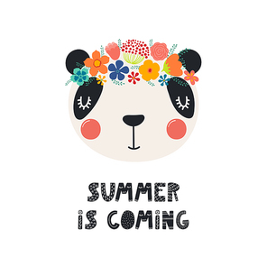 Hand drawn vector illustration of a cute panda face in a flower crown, with lettering quote Summer Is Coming. Isolated objects on white. Scandinavian style flat design. Concept for children .