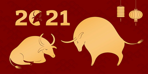 2021 Chinese New Year elements collection, ox silhouette, lanterns, isolated gold on red. Hand drawn flat style vector illustration. Design concept, clipart for CNY, Seollal, Tet card, banner, poster.