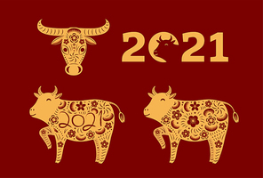 2021 Chinese New Year elements collection, ox silhouette, paper cut style, isolated gold on red. Hand drawn flat vector illustration. Design concept, clipart for CNY, Seollal, Tet card, banner, poster