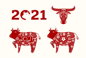 2021 Chinese New Year elements collection, ox silhouette, paper cut style, isolated red on white. Hand drawn flat vector illustration. Design concept, clipart for Seollal, Tet card, banner, poster.