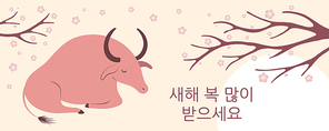 2021 Korean New Year Seollal illustration, beautiful ox, tree branch with flowers, sun, Korean text Happy New Year. Hand drawn vector. Flat style design. Concept for holiday card, poster, banner.