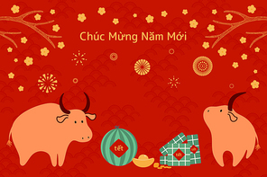 2021 vietnamese new year tet illustration, cute buffalo,  cakes, watermelon, gold, apricot flowers, vietnamese text happy new year. hand drawn vector. flat design. concept card, poster, banner.