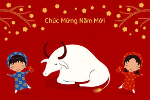 2021 Vietnamese New Year Tet illustration, buffalo, cute kids in ao dai, red envelope, apricot flowers, Vietnamese text Happy New Year. Hand drawn vector. Flat design. Concept card, poster, banner.