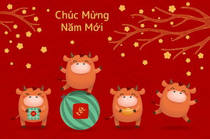 2021 vietnamese new year tet illustration, cute buffalo,  cakes, watermelon, gold, apricot flowers, vietnamese text happy new year. hand drawn vector. design concept holiday card, banner, poster.