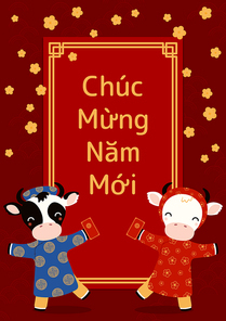 2021 Vietnamese New Year Tet illustration, cute buffalo in ao dai, red envelope, apricot flowers, Vietnamese text Happy New Year. Hand drawn vector. Flat style design. Concept holiday poster, banner.