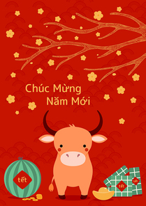 2021 vietnamese new year tet illustration, cute buffalo,  cakes, watermelon, gold, apricot flowers, vietnamese text happy new year. hand drawn vector. flat design. concept card, poster, banner.