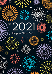 Colorful fireworks 2021 Happy New Year vector illustration, bright on dark blue background, with text. Flat style abstract geometric design. Concept for holiday greeting card, poster, banner, flyer.