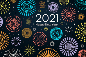 Colorful fireworks 2021 Happy New Year vector illustration, bright on dark blue background, with text. Flat style abstract geometric design. Concept for holiday greeting card, poster, banner, flyer.