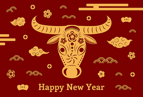 2021 Chinese New Year vector illustration with paper cut ox face, flowers, clouds, typography, gold on red background. Flat style design. Concept for holiday card, banner, poster, decor element.
