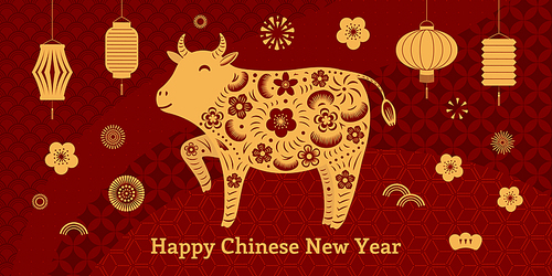 2021 Chinese New Year vector illustration with paper cut ox silhouette, lanterns, fireworks, flowers, Chinese text Happy New Year, gold on red. Flat style design. Concept holiday card, banner, poster.