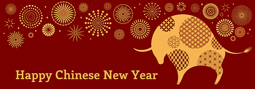 2021 Chinese New Year vector illustration with ox silhouette, fireworks, typography, gold on red background. Flat style design. Concept for holiday card, banner, poster, decor element.
