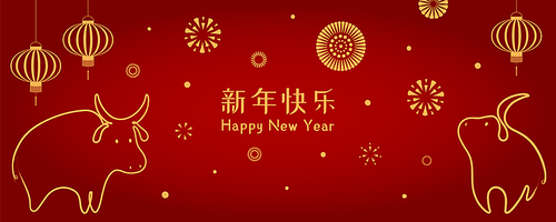 2021 Chinese New Year vector illustration with cute ox one line silhouettes, lanterns, fireworks, Chinese text Happy New Year, gold on red. Design concept holiday card, banner, poster, decor element.