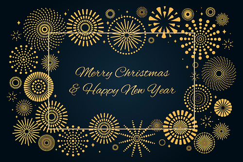 Vector illustration with golden fireworks frame on a dark blue background, text Merry Christmas and Happy New Year. Flat style design. Concept for holiday greeting card, poster, banner, flyer.