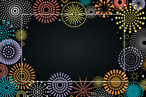 Vector illustration with bright colorful fireworks frame on a black background, space for text. Flat style design. Concept for holiday celebration, greeting card, poster, banner, flyer.