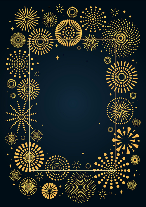 Vector illustration with bright golden fireworks frame on a dark blue background, space for text. Flat style design. Concept for holiday celebration, greeting card, poster, banner, flyer.