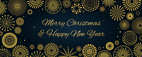 Vector illustration with golden fireworks frame on a dark blue background, text Merry Christmas and Happy New Year. Flat style design. Concept for holiday greeting card, poster, banner, flyer.
