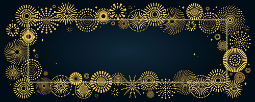 Vector illustration with bright golden fireworks frame on a dark blue background, space for text. Flat style design. Concept for holiday celebration, greeting card, poster, banner, flyer.