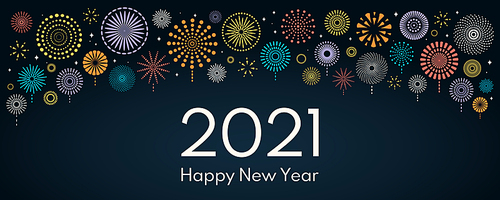 Vector illustration with bright colorful fireworks on a dark blue background, text 2021 Happy New Year. Flat style design. Concept for holiday celebration, greeting card, poster, banner, flyer.