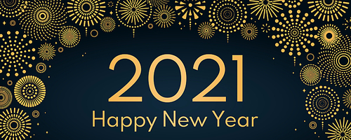 Vector illustration with bright golden fireworks frame on a dark blue background, text 2021 Happy New Year. Flat style design. Concept for holiday celebration, greeting card, poster, banner, flyer.