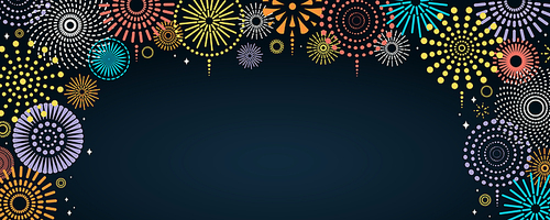 Vector illustration with bright colorful fireworks frame on a dark blue background, space for text. Flat style design. Concept for holiday celebration, greeting card, poster, banner, flyer.