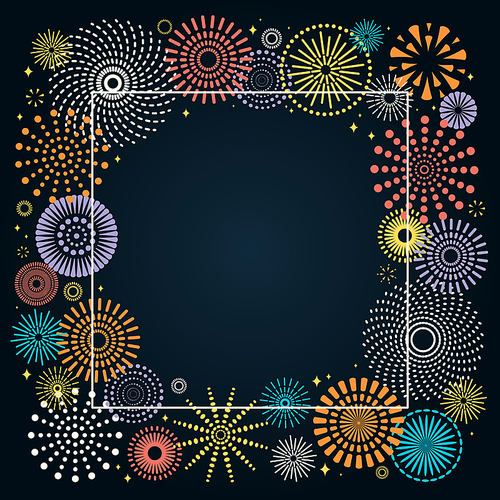 Vector illustration with bright colorful fireworks frame on a dark blue background, space for text. Flat style design. Concept for holiday celebration, greeting card, poster, banner, flyer.