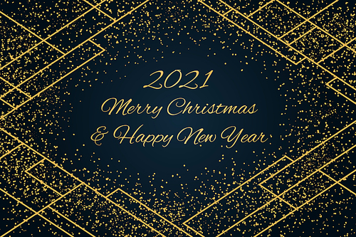 Vector illustration with golden glitter, geometric elements on a dark blue background, text 2021 Merry Christmas and Happy New Year. Flat style design. Concept for holiday card, poster, banner, flyer.