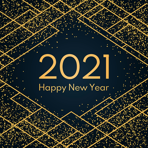 Vector illustration with gold glitter, geometric elements on a dark blue background, text 2021 Happy New Year. Flat style design. Concept for holiday celebration, greeting card, poster, banner, flyer.