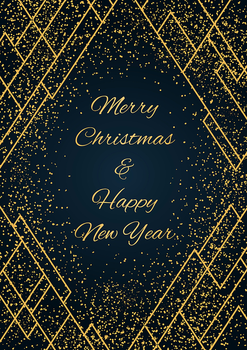 Vector illustration with golden glitter, geometric elements on a dark blue background, text Merry Christmas and Happy New Year. Flat style design. Concept for holiday card, poster, banner, flyer.
