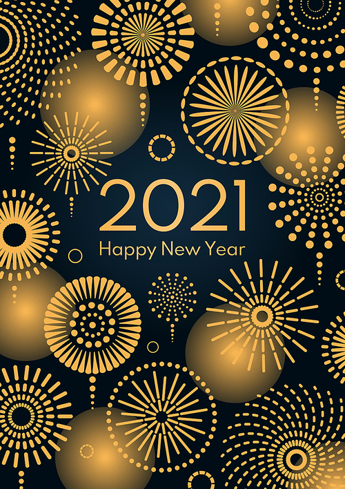 Golden fireworks 2021 New Year vector illustration, bright on dark blue background, text Happy New Year. Flat style abstract, geometric design. Concept for holiday decor, card, poster, banner, flyer.