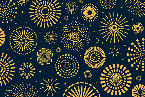 Golden fireworks 2021 New Year vector illustration, bright on dark blue background. Flat style abstract, geometric design. Concept for holiday celebration decor, greeting card, poster, banner, flyer.