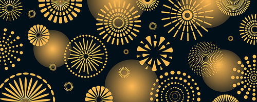 Golden fireworks 2021 New Year vector illustration, bright on dark blue background. Flat style abstract, geometric design. Concept for holiday celebration decor, greeting card, poster, banner, flyer.