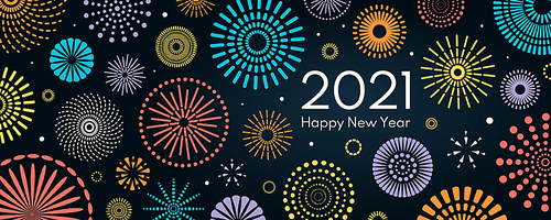 Colorful fireworks 2021 New Year vector illustration, bright on dark blue background, text Happy New Year. Flat style abstract, geometric design. Concept for holiday decor, card, poster, banner, flyer