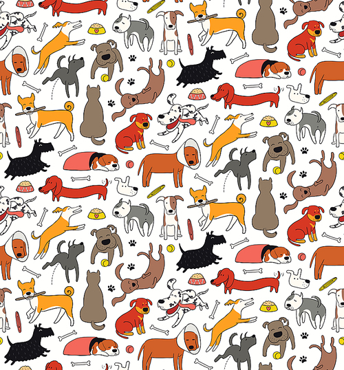 Cute different dog doodles seamless pattern, food, toys, bones, colorful on white background. Hand drawn vector illustration. Line art. Design concept trendy fashion print, wallpaper, wrapping paper.