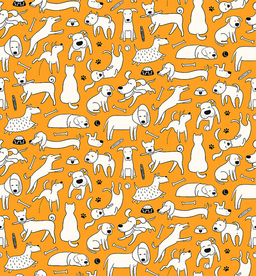 Cute different dog doodles seamless pattern, food, toys, bones, black and white on orange. Hand drawn vector illustration. Line art. Design concept for trendy fashion , wallpaper, wrapping paper.