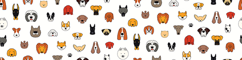 Cute dog faces doodles seamless pattern, different breeds, colorful on white background. Hand drawn vector illustration. Line art. Design concept for trendy fashion , wallpaper, wrapping paper.