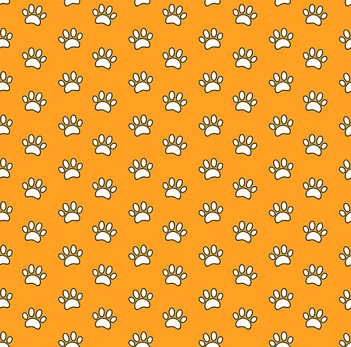 Simple dog paw print seamless pattern, puppy footprints, black and white on orange background. Hand drawn vector illustration. Line art. Design concept trendy fashion print, wallpaper, wrapping paper.