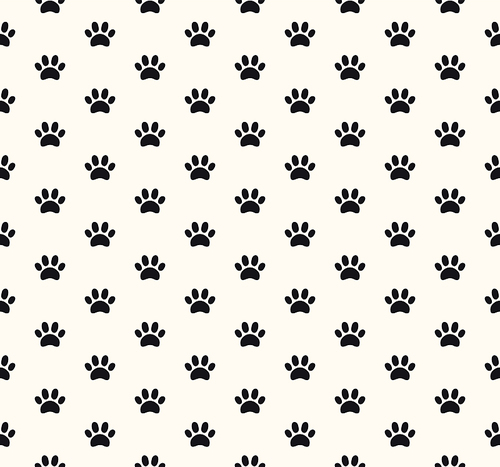 Simple dog paw  seamless pattern, puppy foots, black on white background. Hand drawn vector illustration. Flat style. Design concept for trendy fashion , wallpaper, wrapping paper.