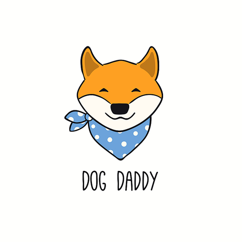 Cute funny shiba inu dog, puppy face, quote Dog Daddy. Hand drawn color vector illustration, isolated on white. Line art. Pet logo, icon. Design concept for trendy poster, t-shirt, fashion .