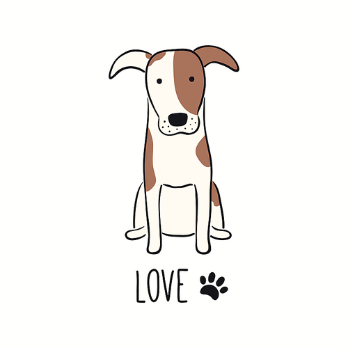 Cute funny fox terrier dog, puppy, quote Love, paw print. Hand drawn color vector illustration, isolated on white. Line art. Pet logo, icon. Design concept for trendy poster, t-shirt, fashion print.