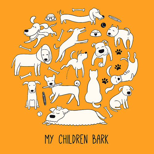 Cute funny different dog, puppy circle design, quote My children bark. Hand draw black and white vector illustration, isolated on orange. Line art. Concept trendy pet poster, t-shirt, fashion .