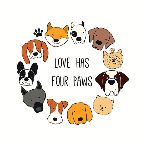 Cute funny different dog, puppy faces round frame, quote Love has four paws. Hand drawn color vector illustration, isolated on white. Line art. Design concept for pet poster, t-shirt, fashion .