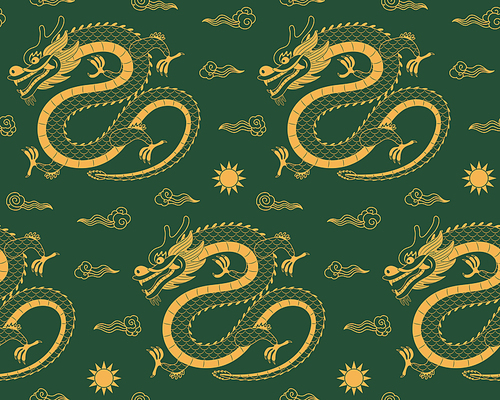 Traditional Chinese dragon flying, clouds, sun seamless pattern, gold on green background. Hand drawn vector illustration. Design concept for eastern style , packaging, wrapping paper. Line art.