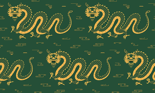 Traditional Chinese dragon walking, clouds seamless pattern, gold on green background. Hand drawn vector illustration. Design concept for eastern style , packaging, wrapping paper. Line art.