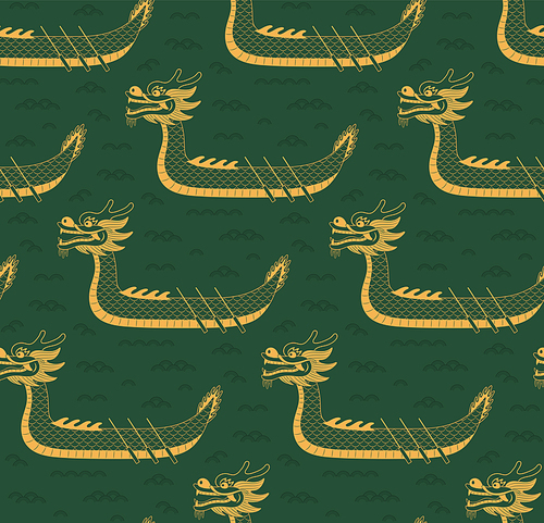 Dragon boat, waves seamless pattern, gold on green background. Hand drawn eastern style vector illustration. Design concept for Dragon Boat Festival , packaging, wrapping paper. Line art.