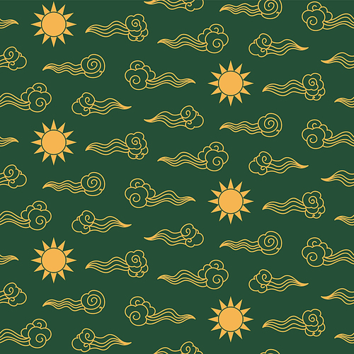 Traditional eastern elements clouds, sun seamless pattern, gold on green background. Hand drawn vector illustration. Design concept for oriental style , packaging, wrapping paper. Line art.