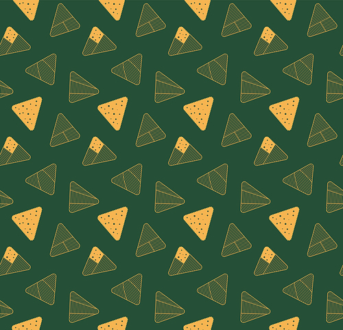 zongzi  dumplings seamless pattern, gold on green background. vector illustration. design concept for dragon boat festival traditional food , packaging, wrapping paper. eastern style line art