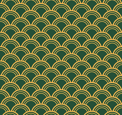 Traditional oriental ocean waves abstract geometric seamless pattern, gold on green background. Eastern style vector illustration. Design concept for Asian holiday , packaging, wrapping paper.