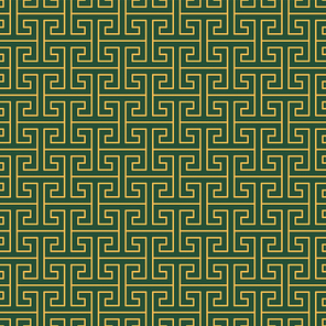 Greek key, fret traditional abstract geometric seamless pattern, gold on green background. Vector illustration. Design concept for textile , packaging, wrapping paper. Line art.